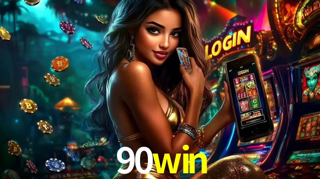 Mulher em um cenário de cassino temático de aventura, mostrando o app de caça-níqueis da 90win no celular. Fichas de apostas flutuam ao redor.