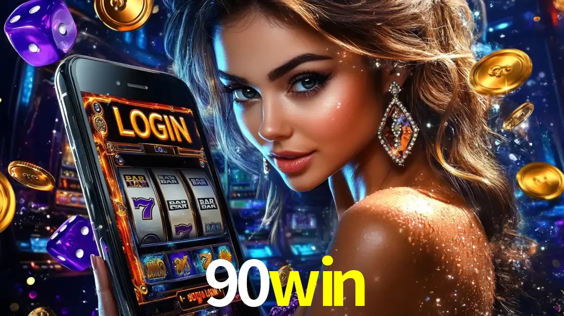 Mulher glamorosa segurando um smartphone com a tela de login para os jogos de caça-níqueis do cassino online 90win, com moedas de ouro e dados ao redor.