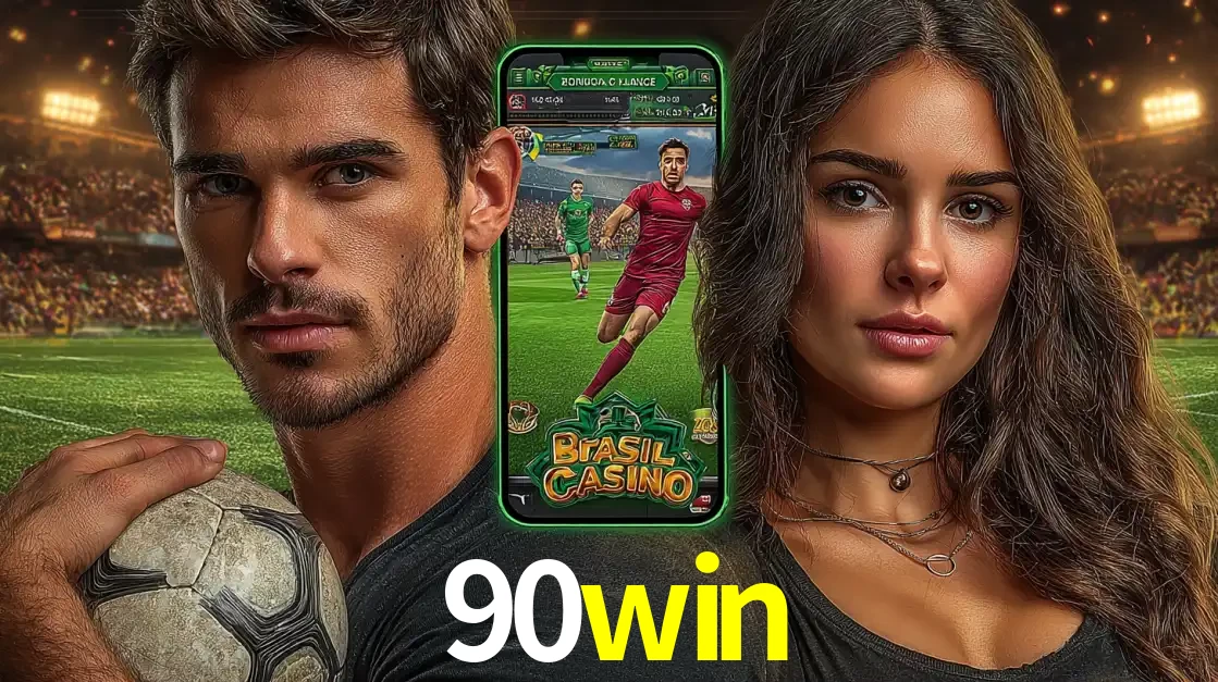Homem segurando uma bola de futebol e uma mulher ao lado de um smartphone exibindo o jogo de apostas esportivas da 90win. Faça seu palpite no cassino online.